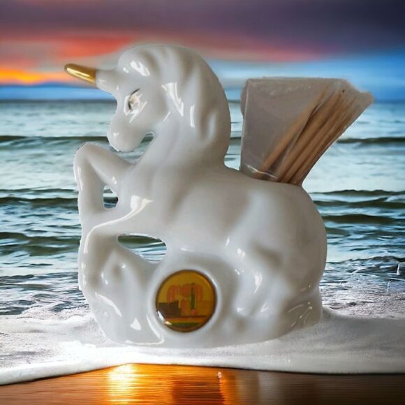 Vtg Atlanta GA Unicorn Toothpick Holder State Souvenir Ceramic Horse White Gold. - Picture 16 of 16